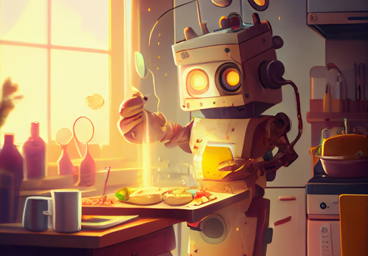 A crazy robot cooking dinner in the kitchen