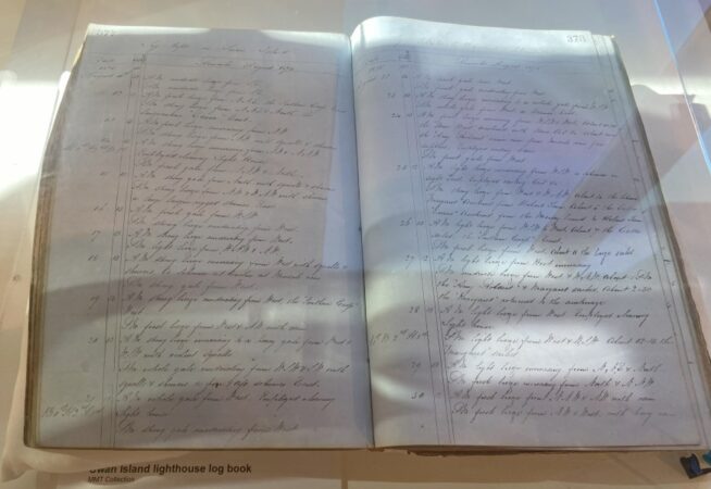 A log book from the lighthouse on Swan Island.